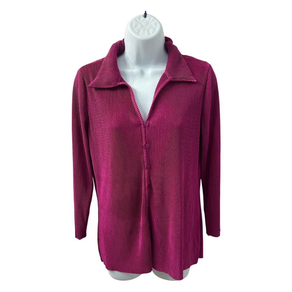 Cyrus Magenta Pleated Plisse Button Front Long Sleeve Collared Top Medium Sz M